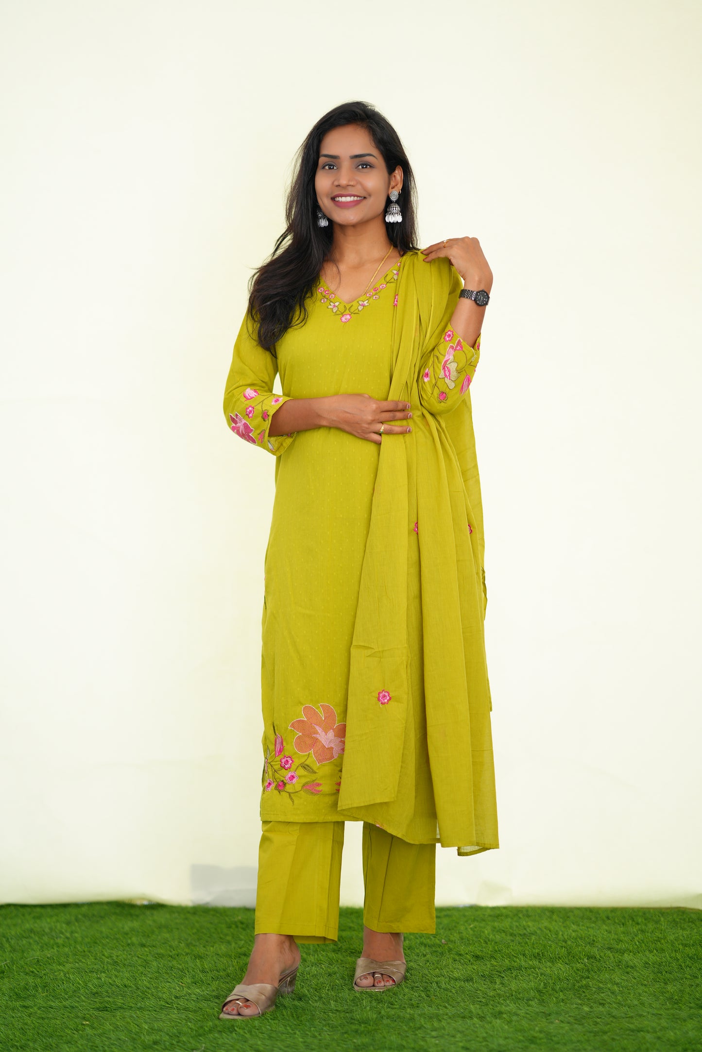 Yellow Mul Cotton 3 Piece Set With Shree ram Buta embroidery Work and Complete Lining