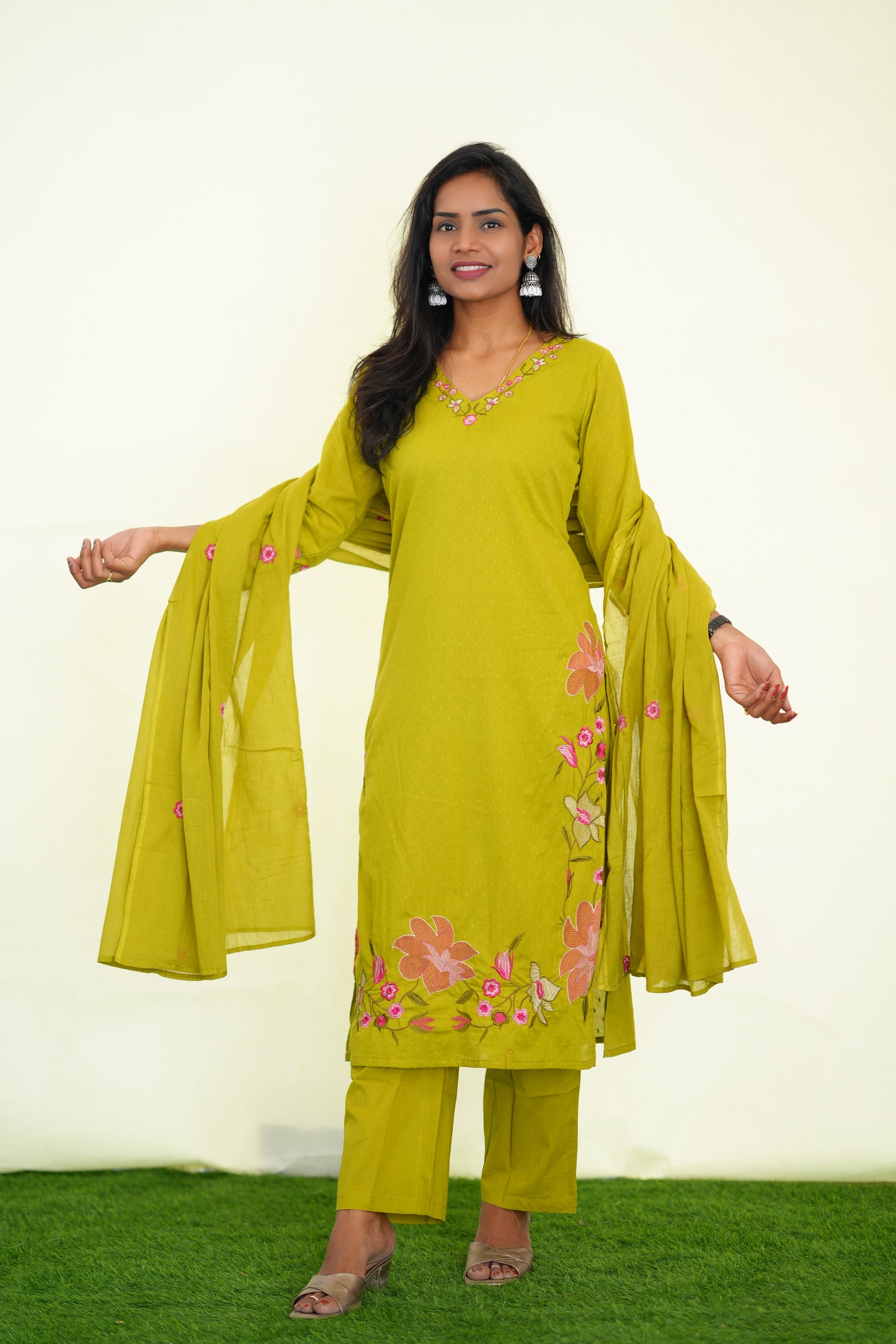 Yellow Mul Cotton 3 Piece Set With Shree ram Buta embroidery Work and Complete Lining