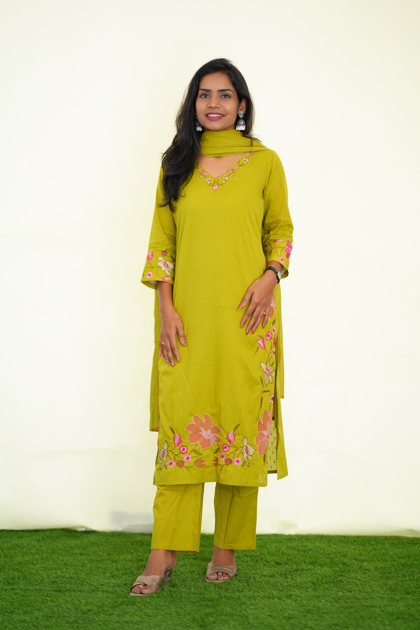 Yellow Mul Cotton 3 Piece Set With Shree ram Buta embroidery Work and Complete Lining
