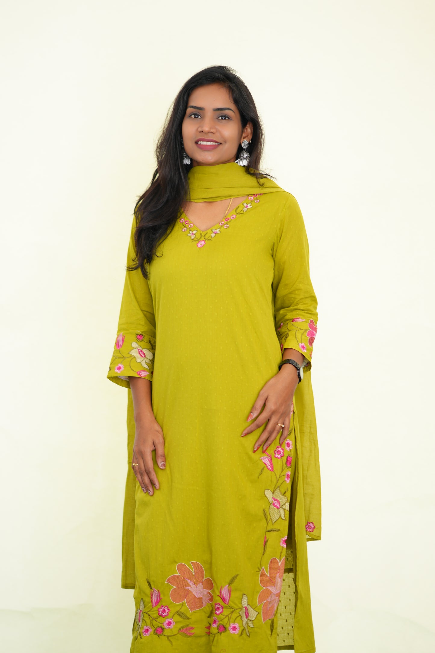 Yellow Mul Cotton 3 Piece Set With Shree ram Buta embroidery Work and Complete Lining