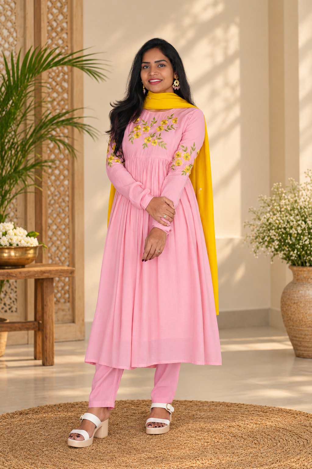 Baby Pink Designer Mul Cotton Embroidered 3-Piece Set with Lining & Contrast Dupatta