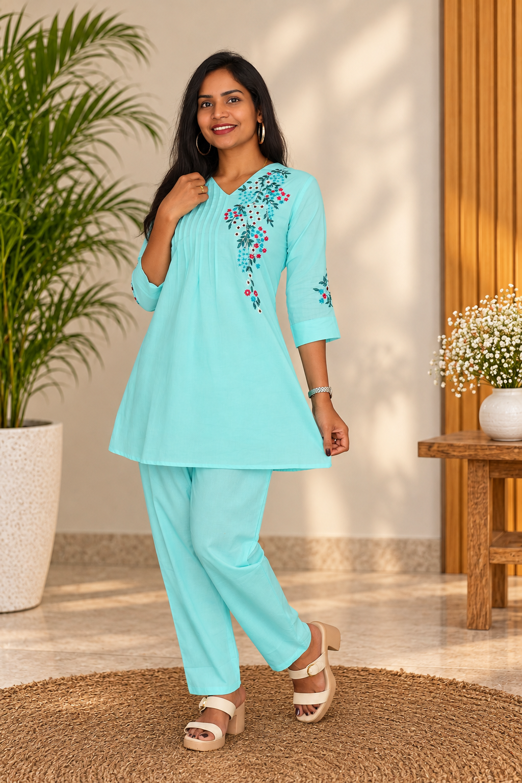 Aqua Blue Floral Embroidered 2-Piece Kurta Set with Lining