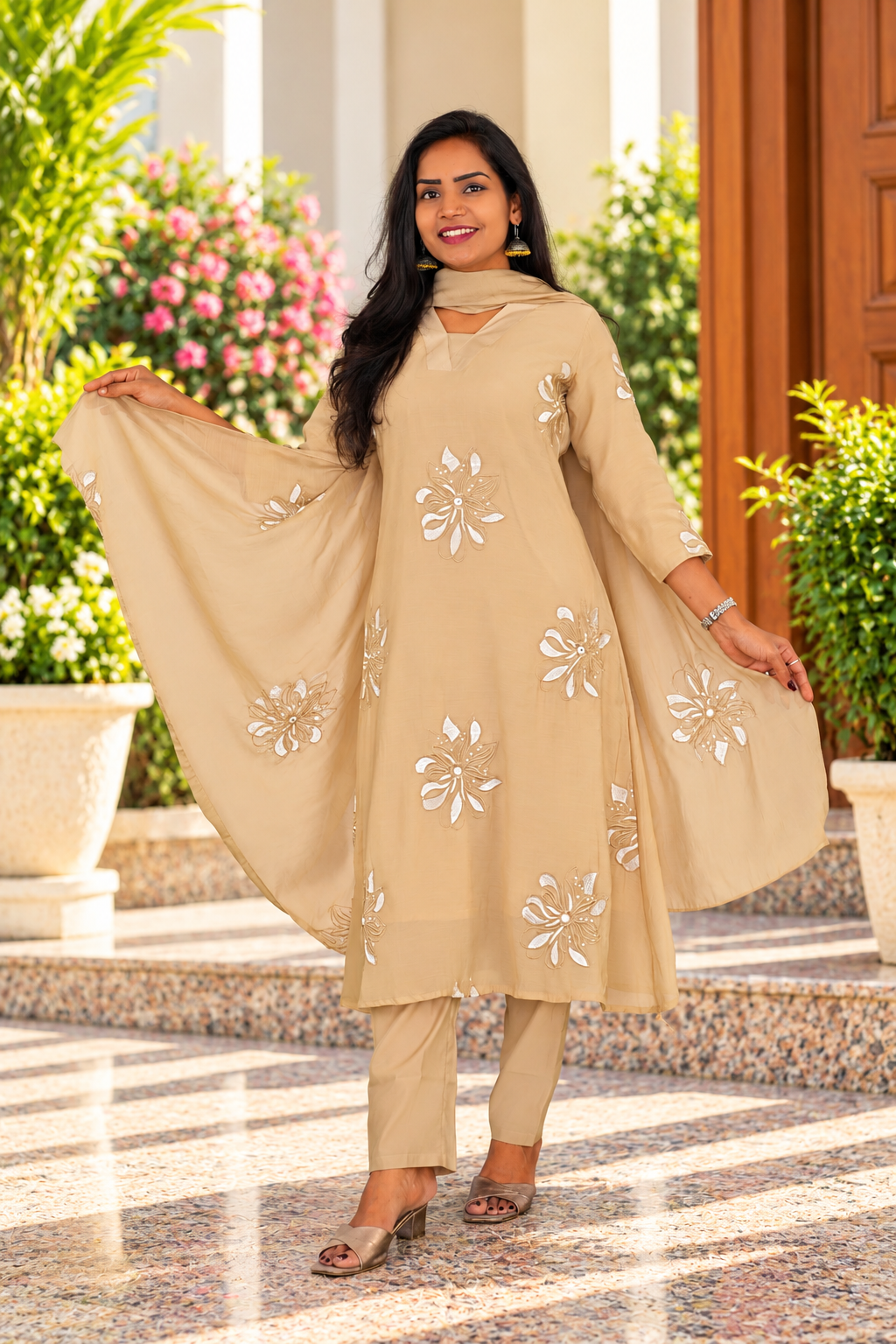 Light Sand Beige Mul Chanhder Embroidered 3-Piece Set with Lining