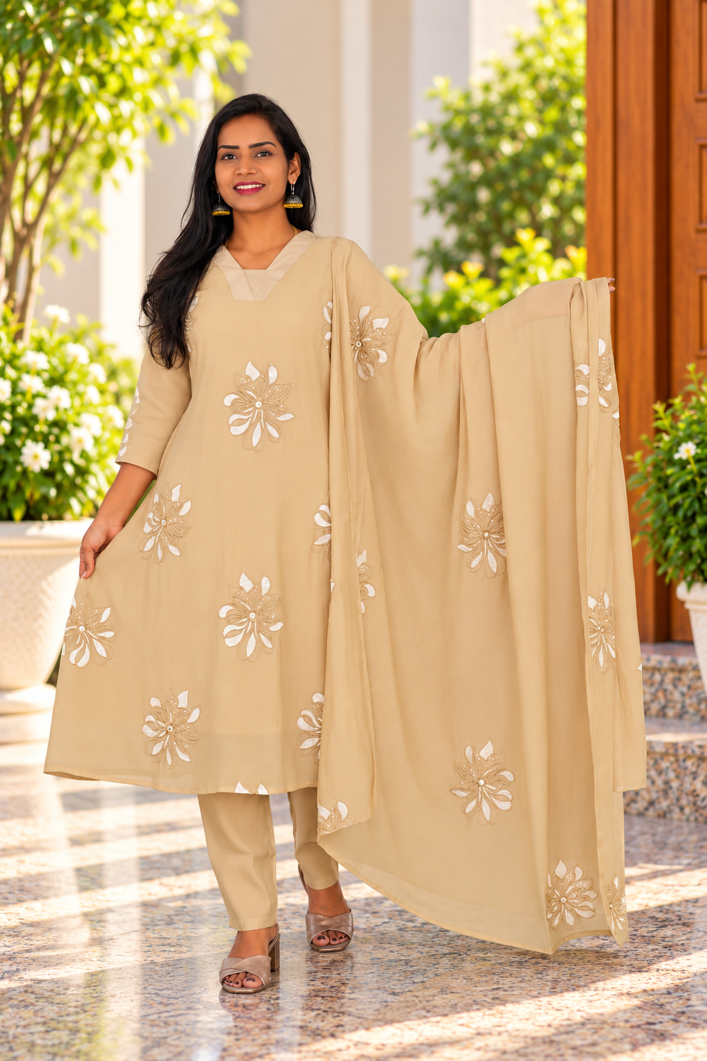 Light Sand Beige Mul Chanhder Embroidered 3-Piece Set with Lining