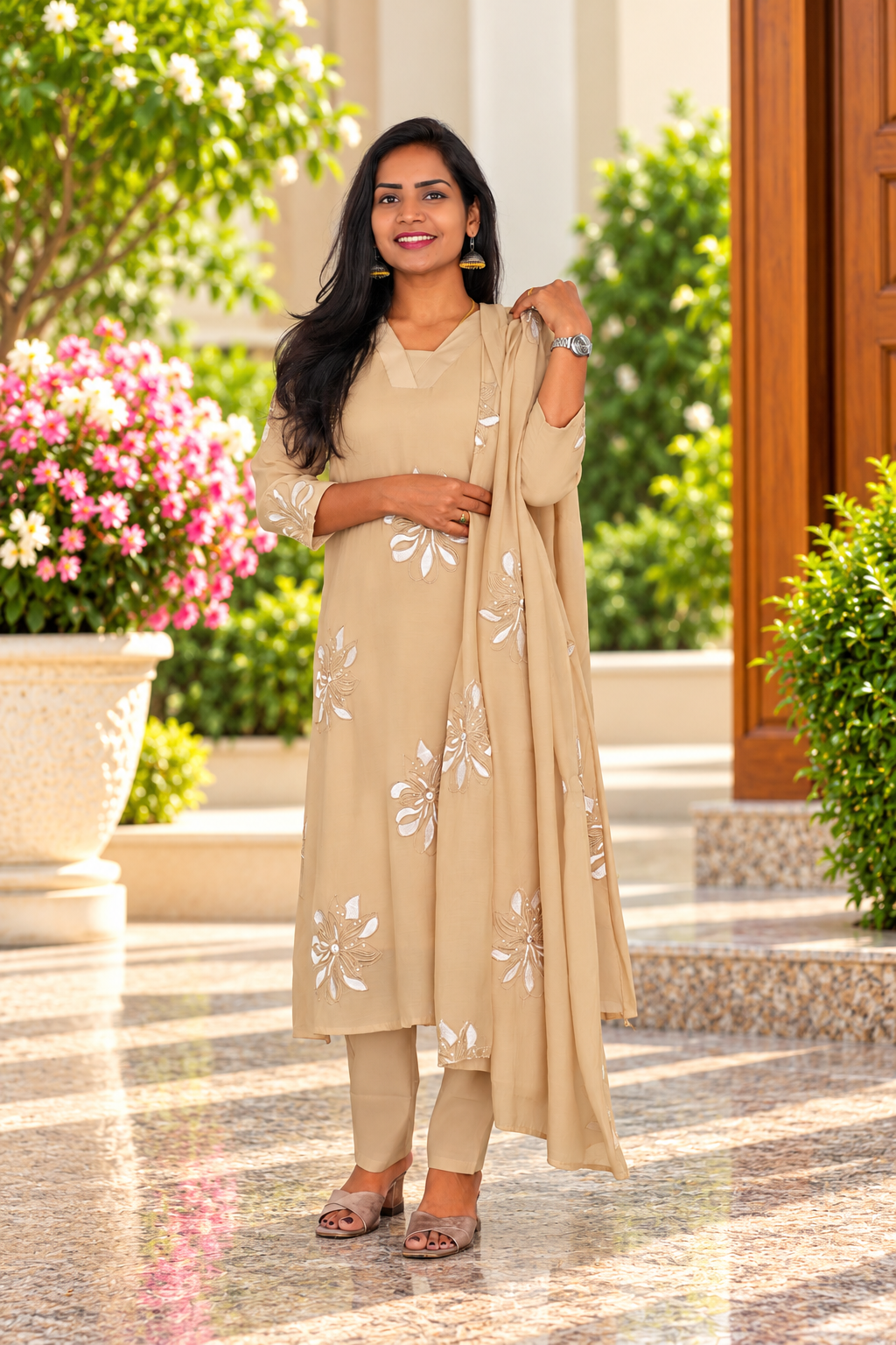 Light Sand Beige Mul Chanhder Embroidered 3-Piece Set with Lining