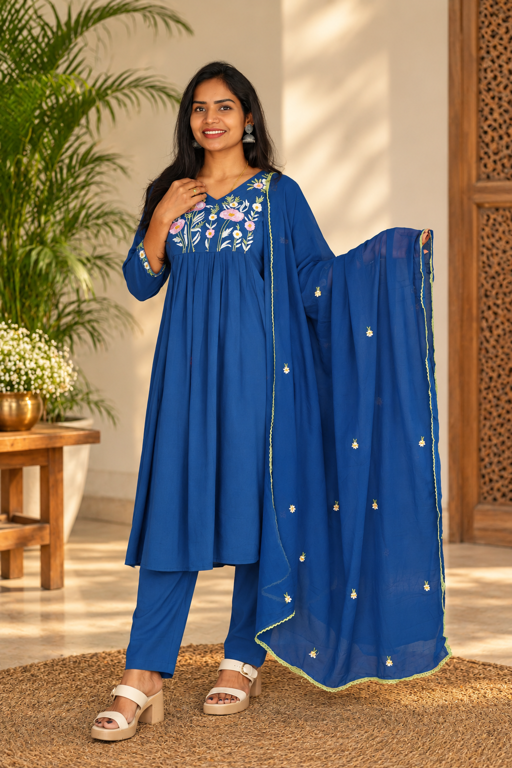 Royal Blue Mul Cotton Floral Embroidered 3-Piece Set with Dupatta and Lining