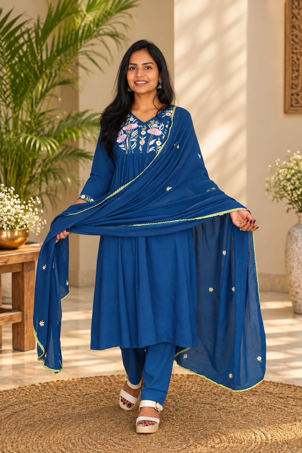 Royal Blue Mul Cotton Floral Embroidered 3-Piece Set with Dupatta and Lining