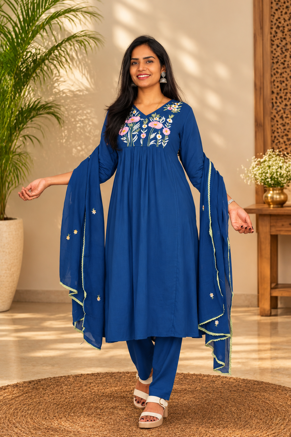 Royal Blue Mul Cotton Floral Embroidered 3-Piece Set with Dupatta and Lining
