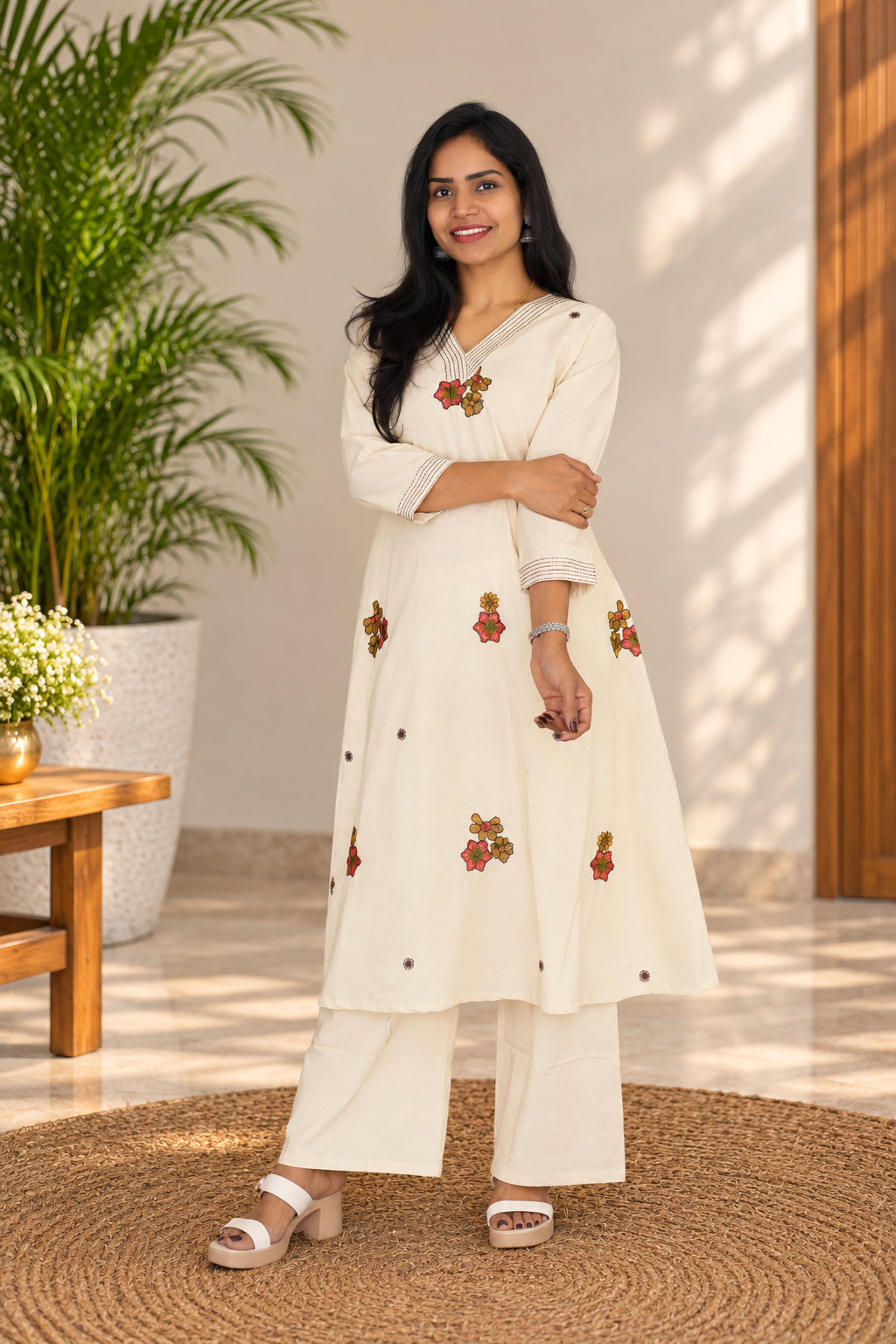 Ivory Cream Floral Embroidered 2-Piece Kurta Set
