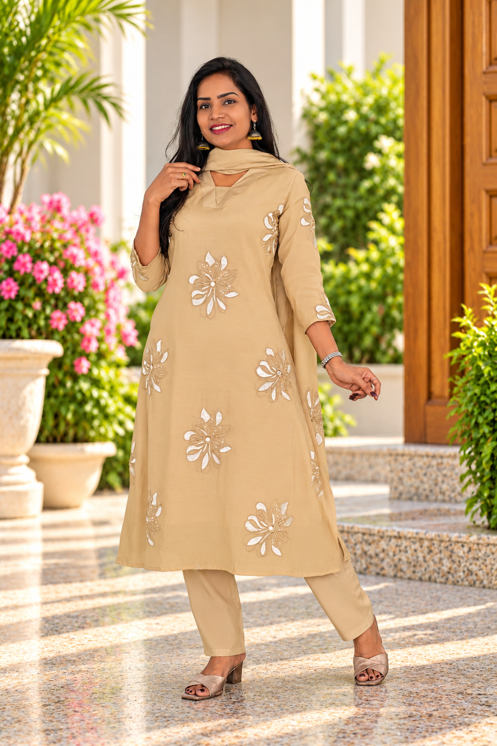 Light Sand Beige Mul Chanhder Embroidered 3-Piece Set with Lining