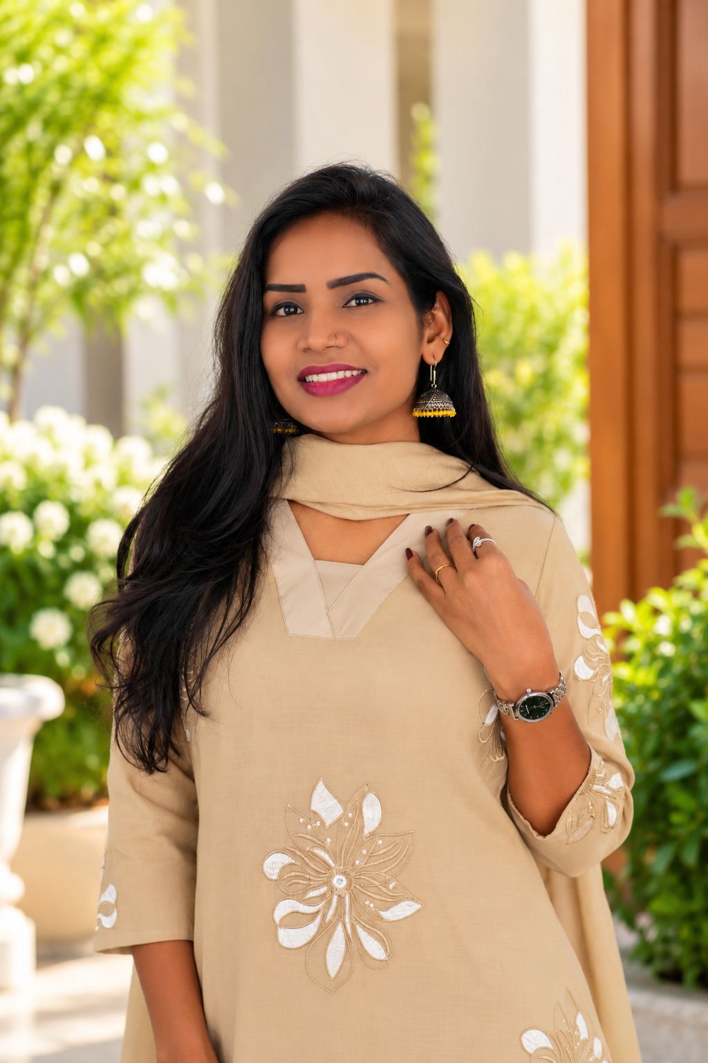 Light Sand Beige Mul Chanhder Embroidered 3-Piece Set with Lining
