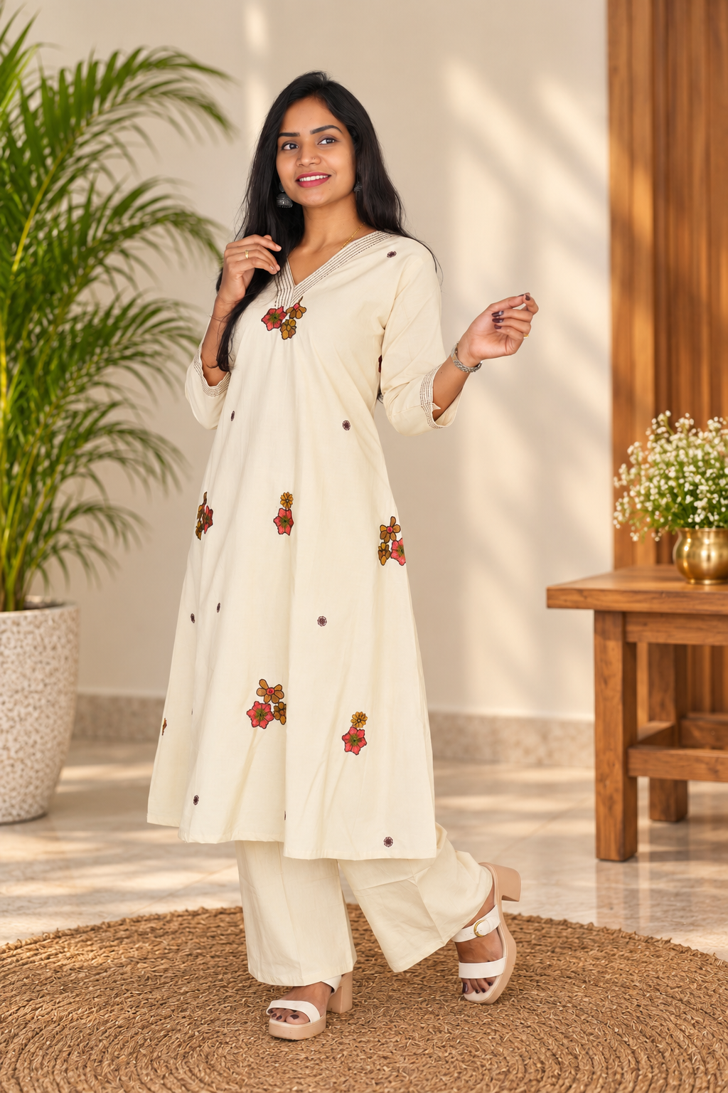 Ivory Cream Floral Embroidered 2-Piece Kurta Set