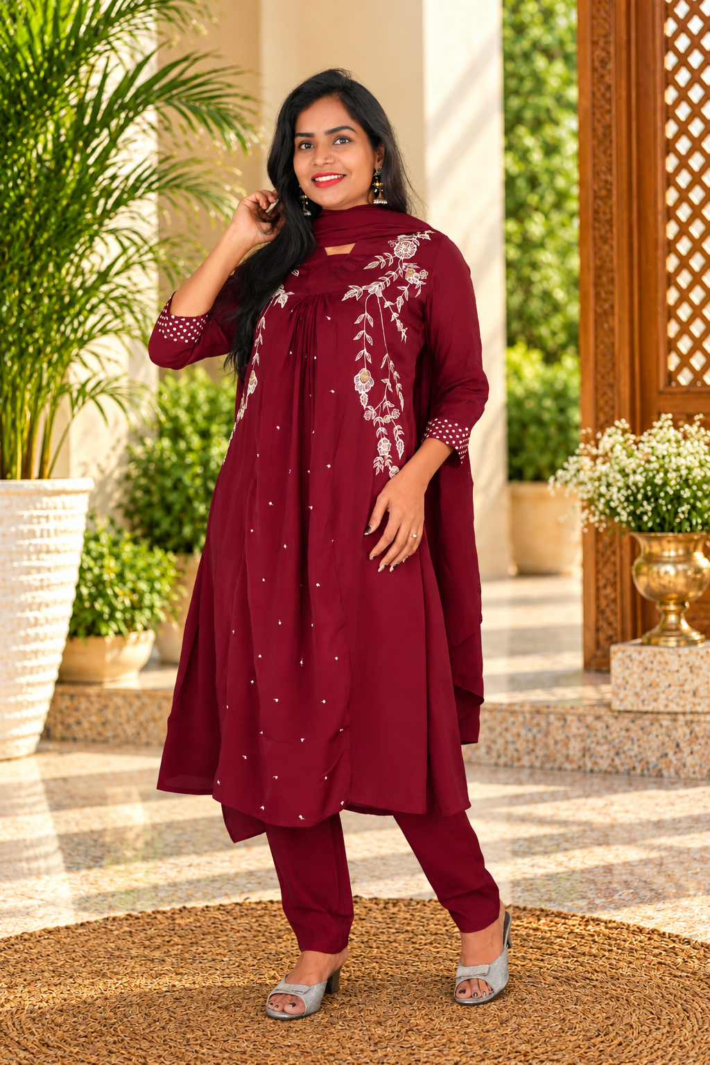 Deep Burgundy Mul Chanderi Embroidered 3-Piece Set with Lining