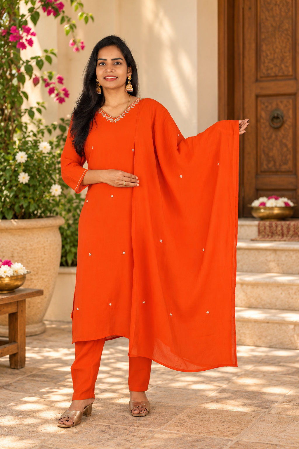 Orange Mul Chanderi Festive 3-Piece Set with Lining
