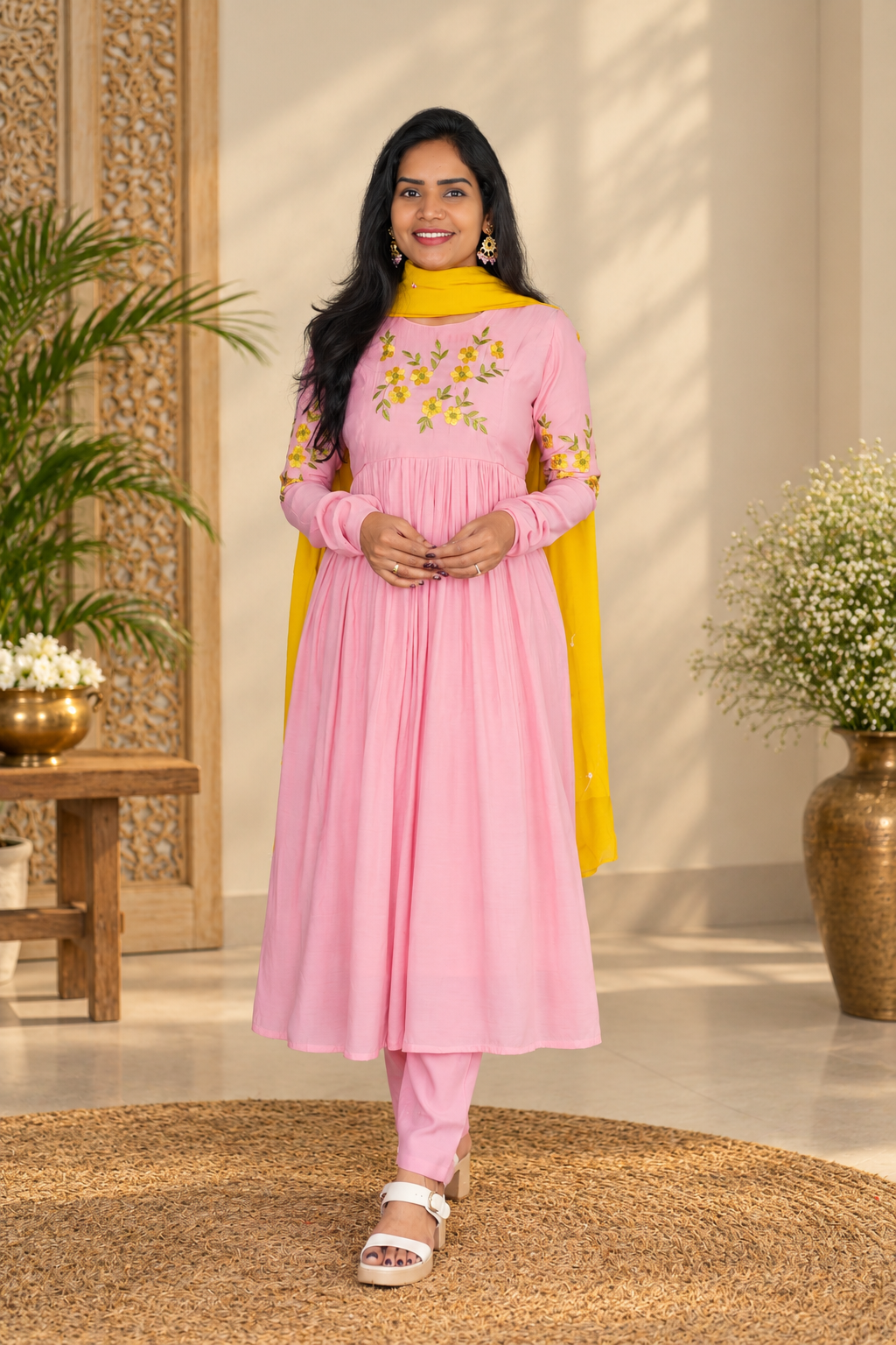 Baby Pink Designer Mul Cotton Embroidered 3-Piece Set with Lining & Contrast Dupatta
