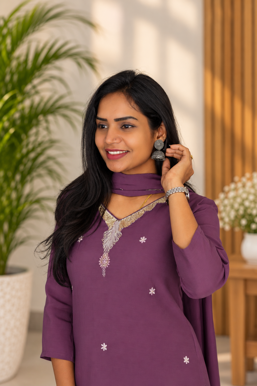 Plum Purple Embroidered 3-Piece Kurta Set with Lining
