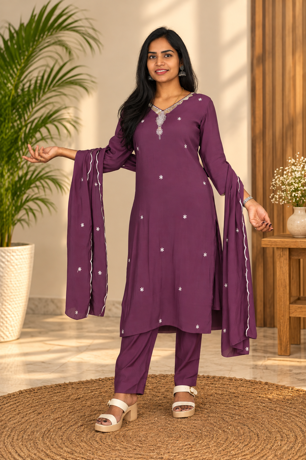 Plum Purple Embroidered 3-Piece Kurta Set with Lining