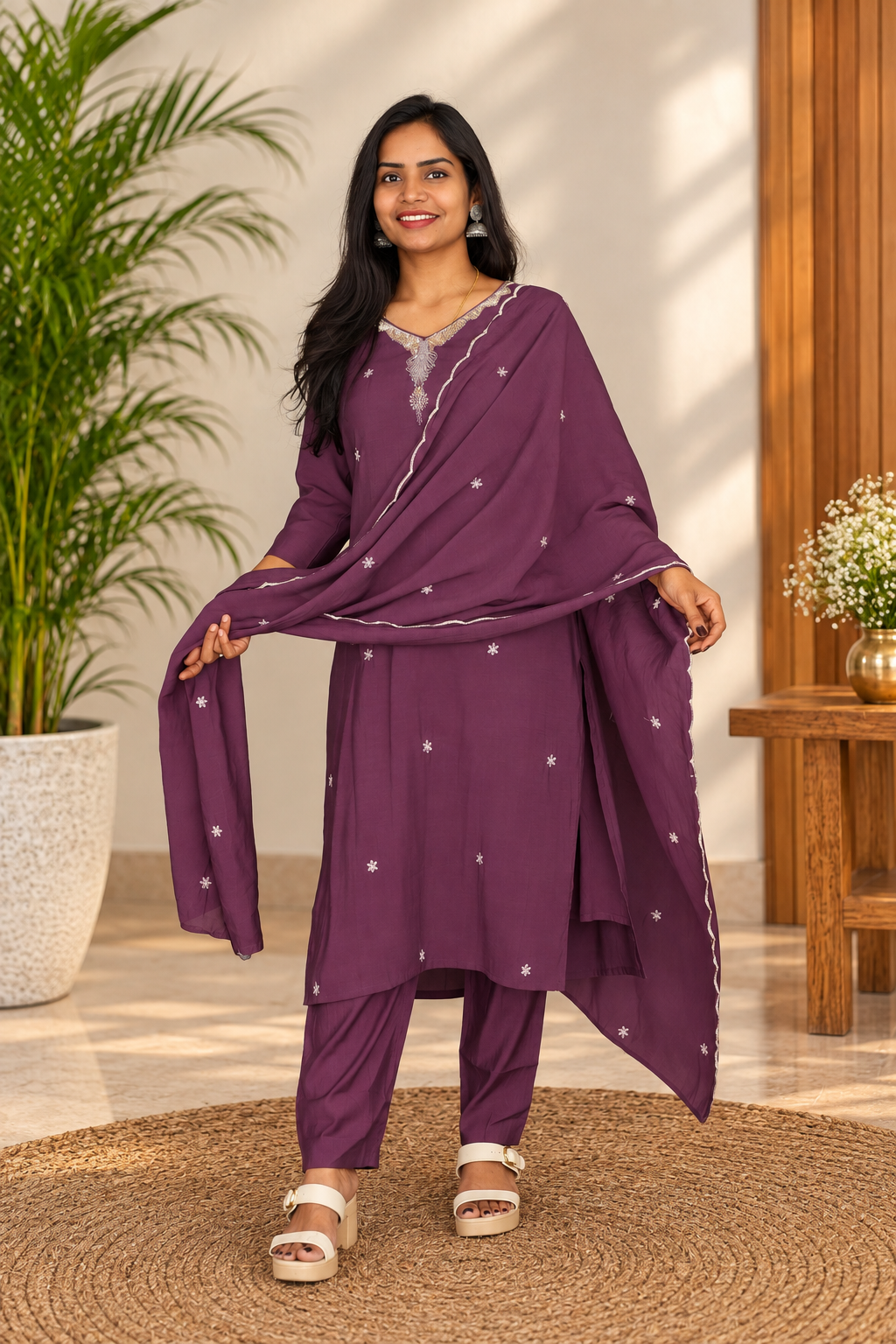 Plum Purple Embroidered 3-Piece Kurta Set with Lining