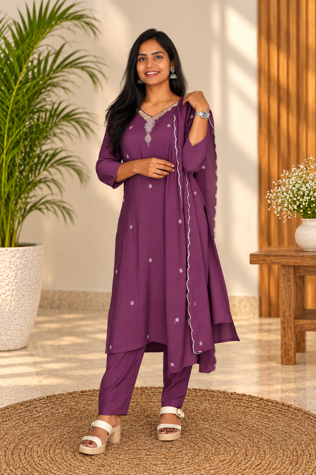 Plum Purple Embroidered 3-Piece Kurta Set with Lining
