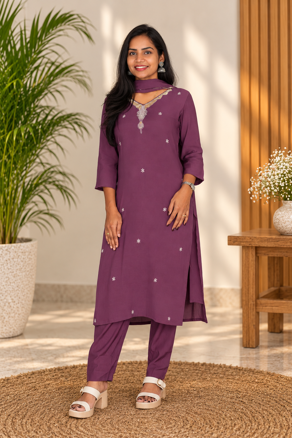 Plum Purple Embroidered 3-Piece Kurta Set with Lining