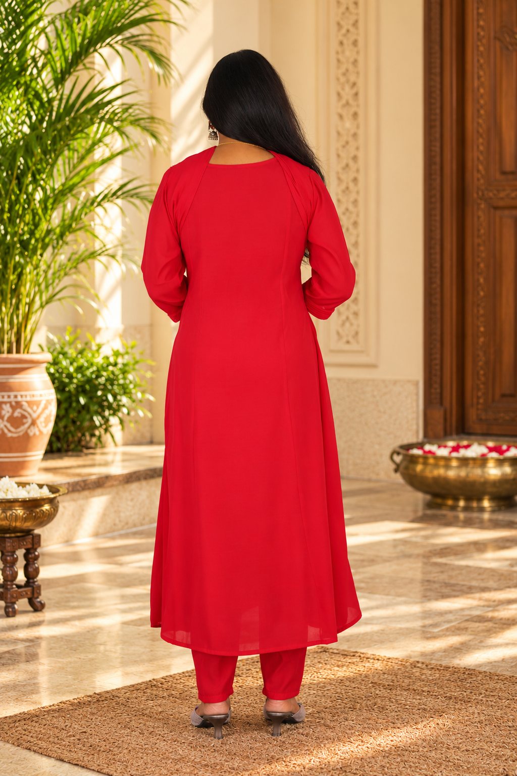 Red Color Mul Chanderi Embroidered 3-Piece Kurta Set with Lining