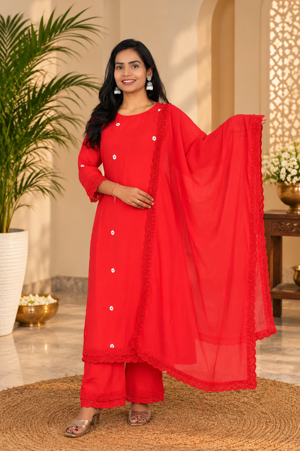 Red Color Mul chanderi Festive Wear 3 Piece Set With Lining