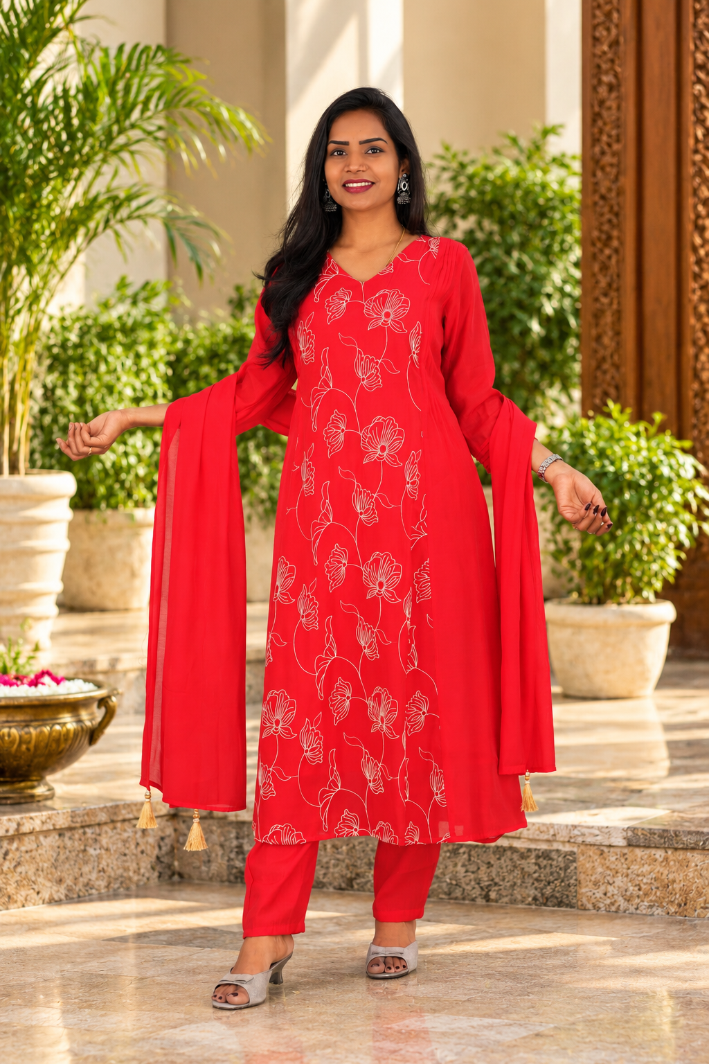 Red Color Mul Chanderi Embroidered 3-Piece Kurta Set with Lining