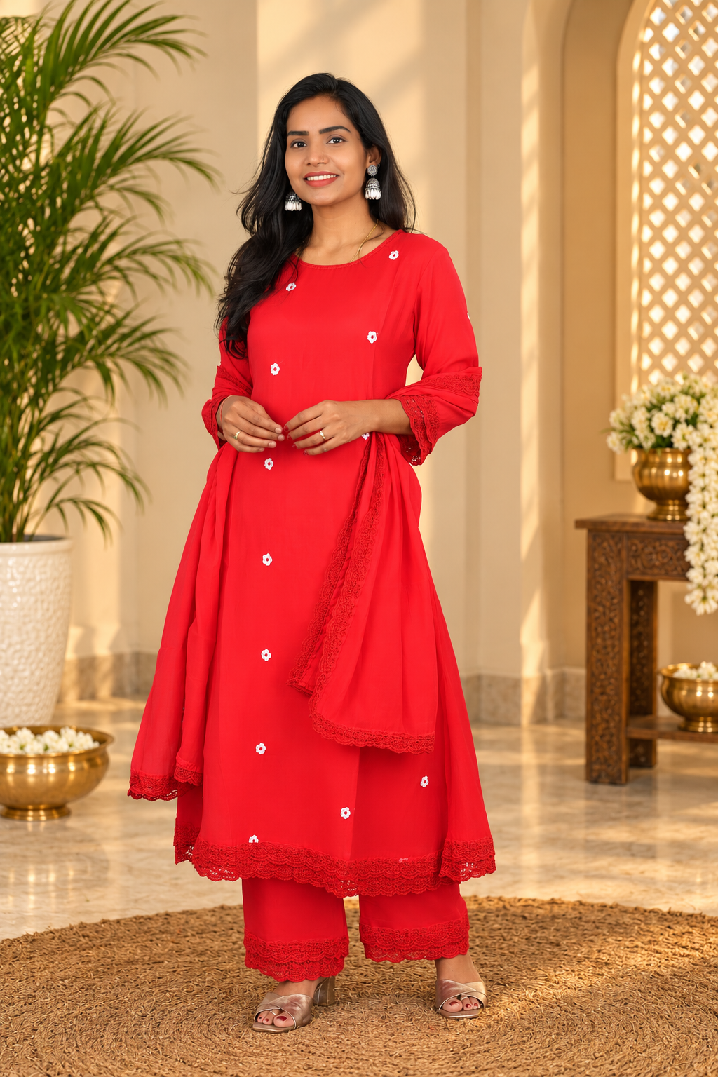 Red Color Mul chanderi Festive Wear 3 Piece Set With Lining
