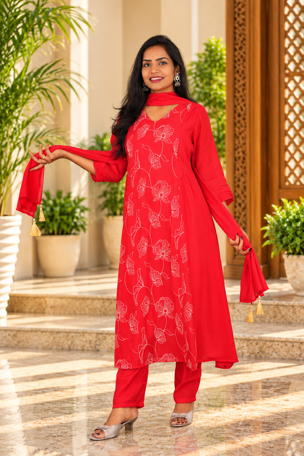 Red Color Mul Chanderi Embroidered 3-Piece Kurta Set with Lining