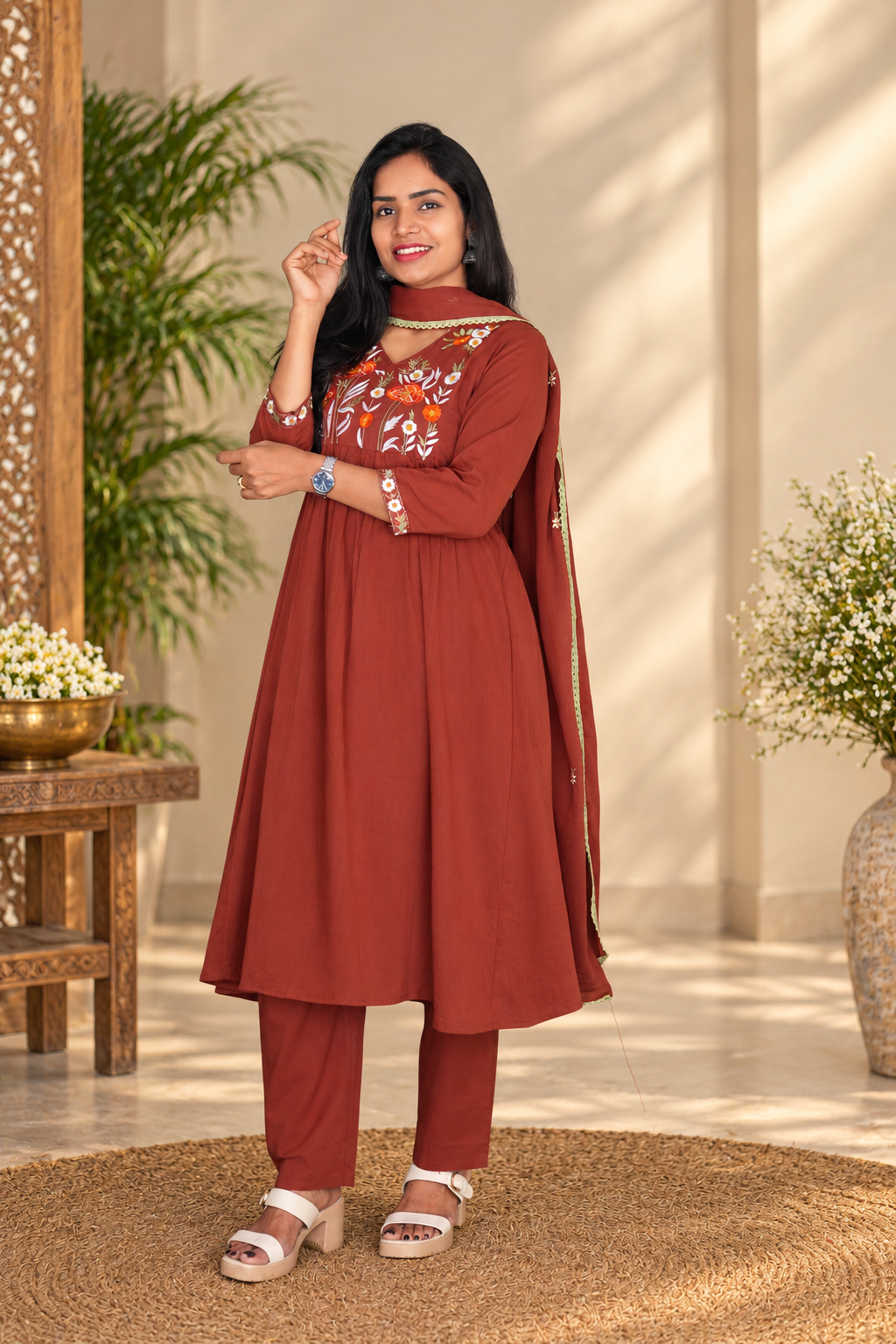 Rust Brown Mul Cotton Embroidered 3-Piece Set with Lining & Dupatta