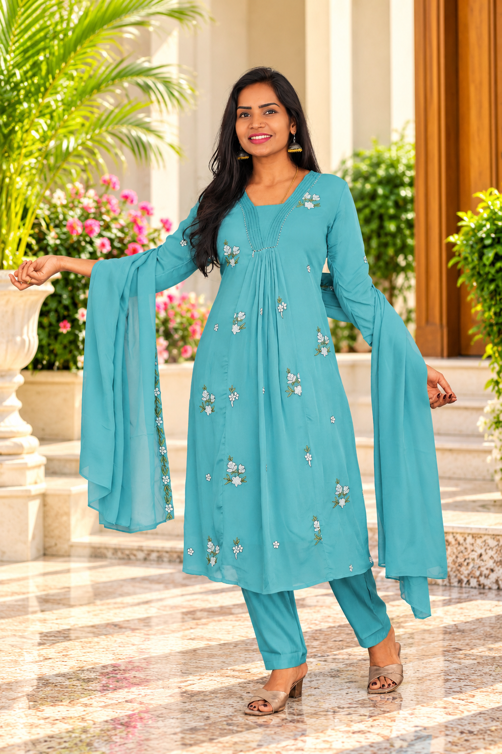 Light Aqua Blue Chinon Designer 3-Piece Kurta Set with Lining