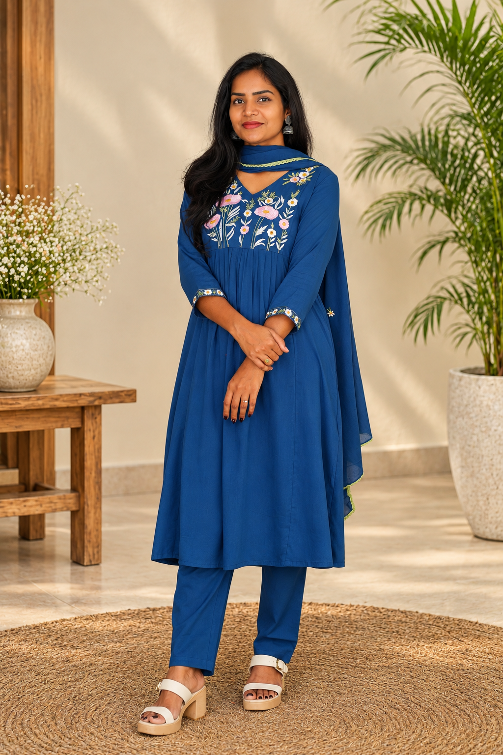 Royal Blue Mul Cotton Floral Embroidered 3-Piece Set with Dupatta and Lining