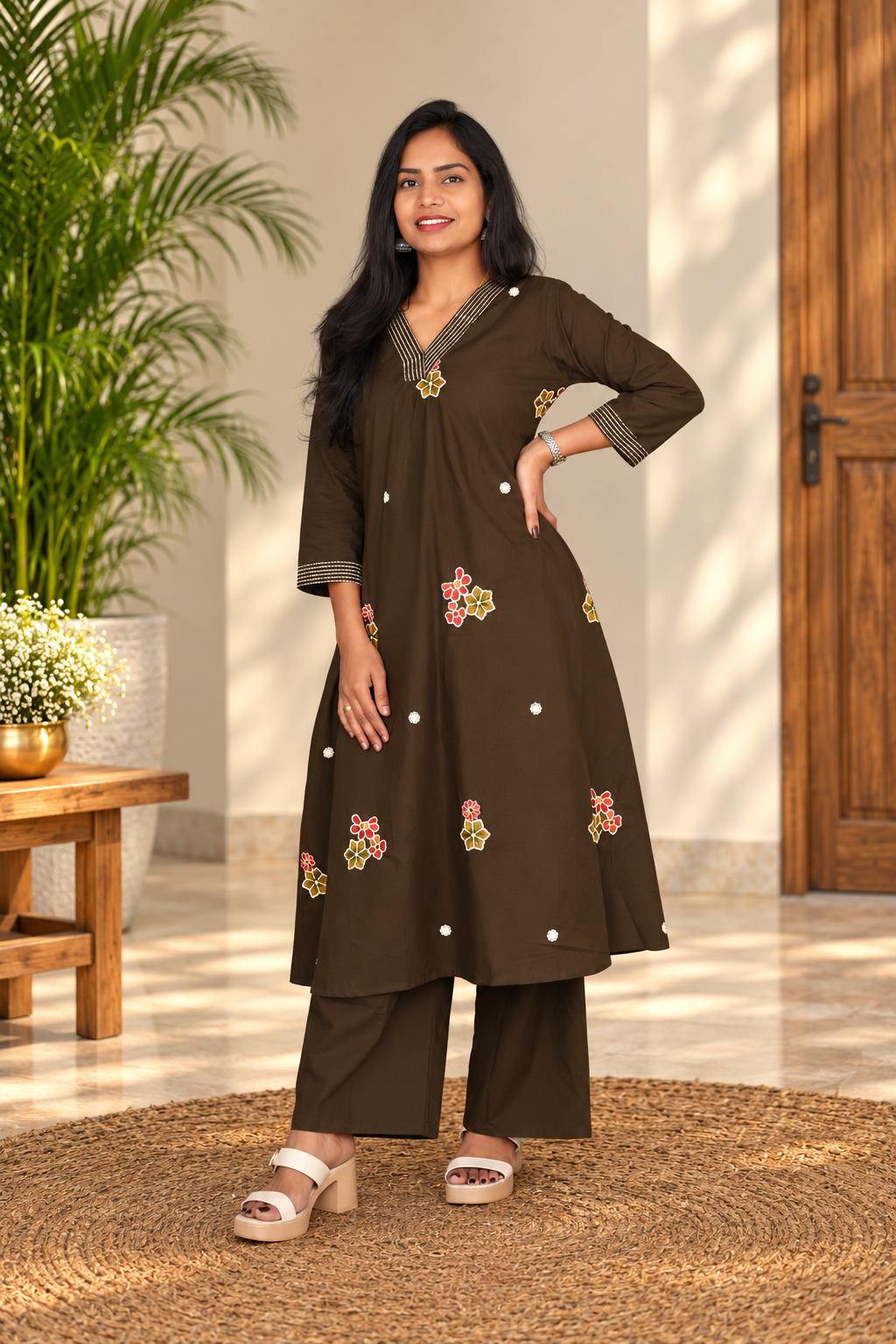 Dark Olive Brown Floral Embroidered 2-Piece Kurta Set