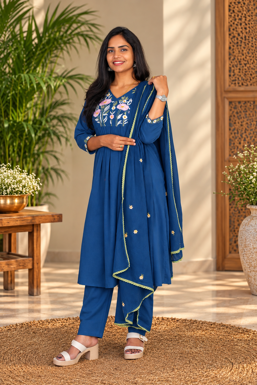 Royal Blue Mul Cotton Floral Embroidered 3-Piece Set with Dupatta and Lining