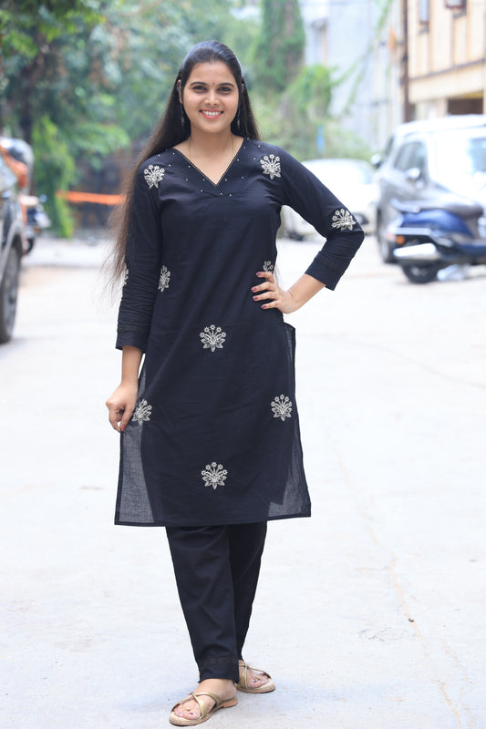 Beautiful Jaipur Cotton Thread Embroidery Black Color Cord set
