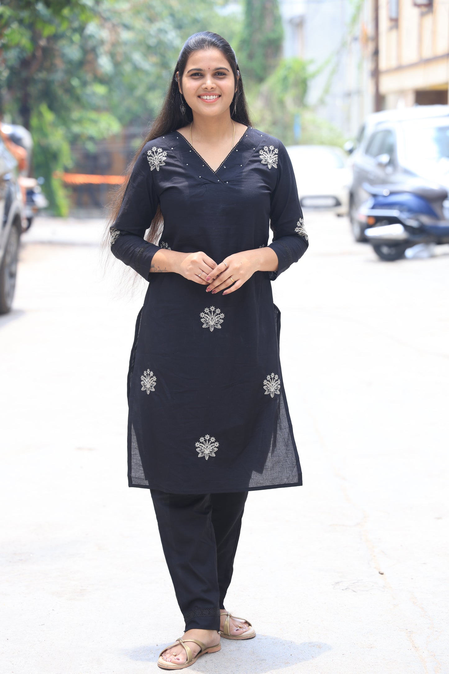 Beautiful Jaipur Cotton Thread Embroidery Black Color Cord set