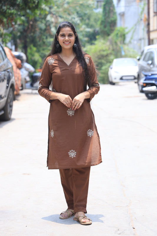 Chocolate Brown Pure Jaipur Cotton Thread Embroidery Cord Set