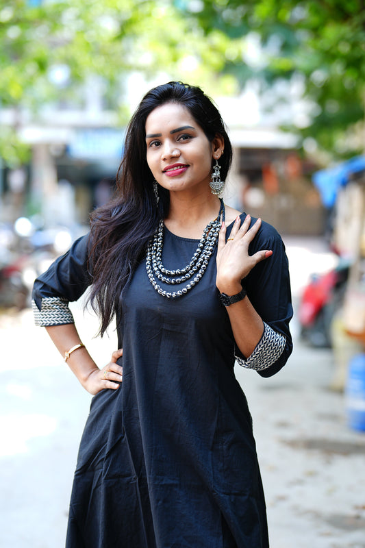 Black Color Jaipur Cotton Cord Set With Designer Necklace