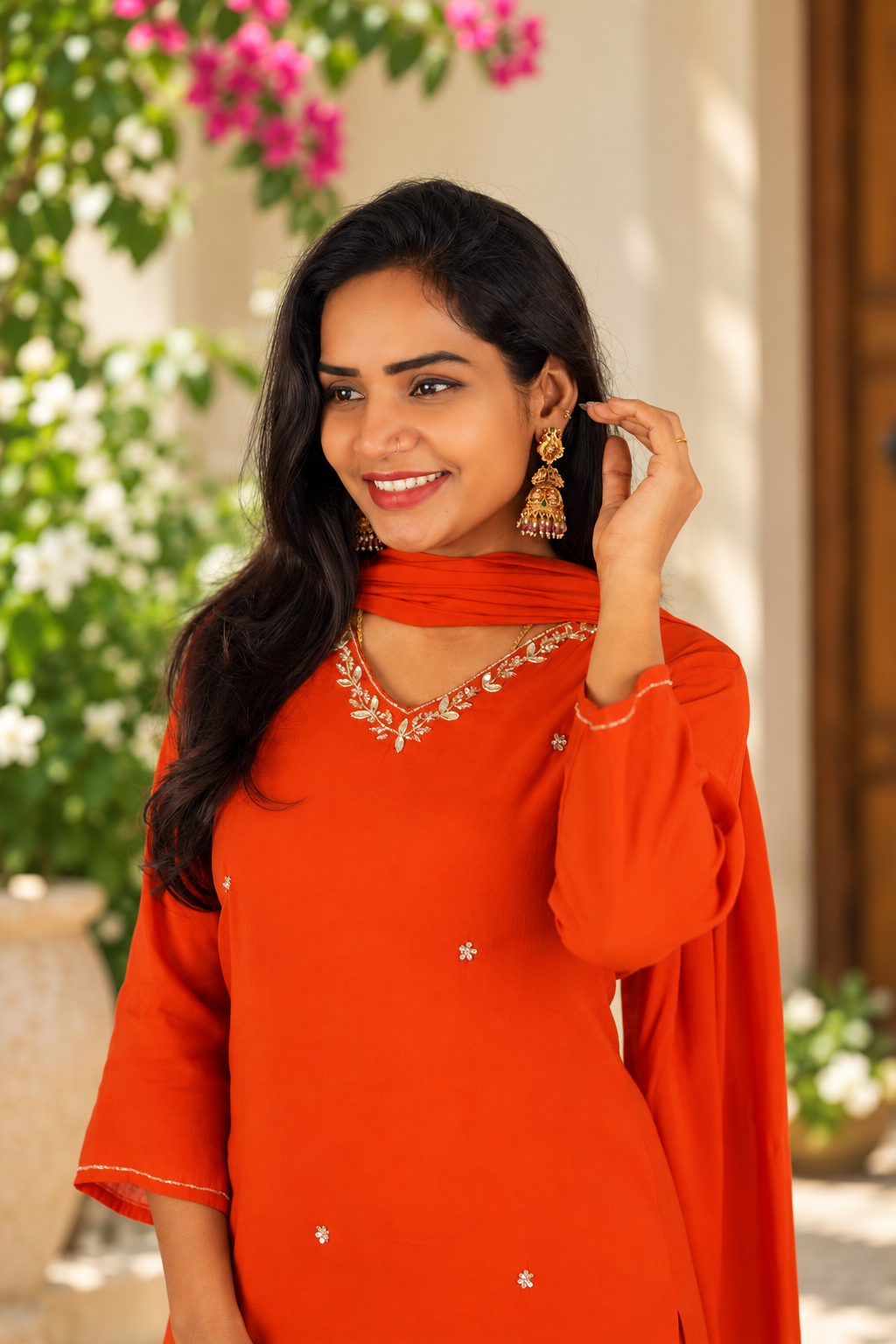 Orange Mul Chanderi Festive 3-Piece Set with Lining