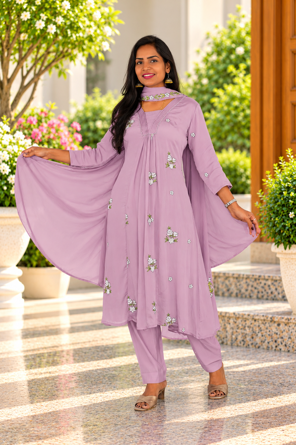 Dusty Lavender Chinon Designer 3-Piece Kurta Set with Lining
