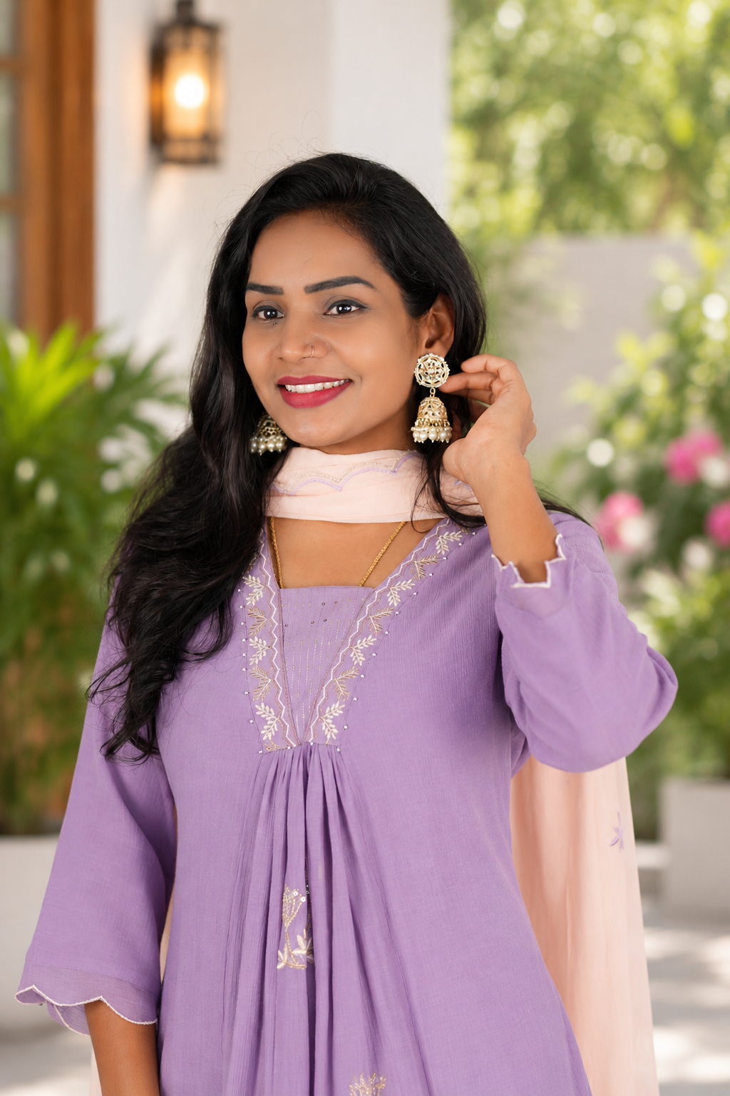 Muted Lavender Crushed Mul Cotton Stylish 3 Piece Set With Lining and Contrast Dupatta
