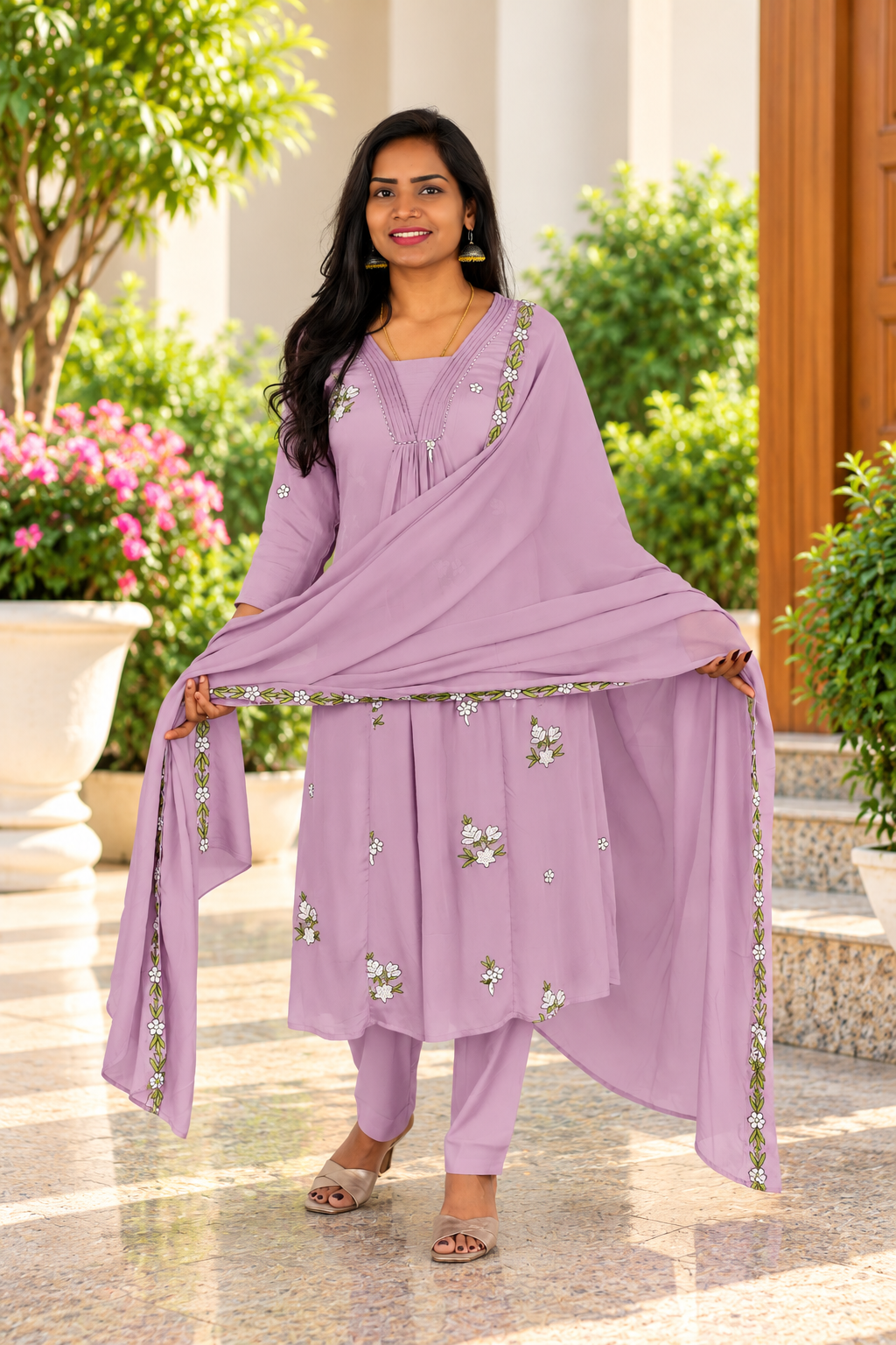 Dusty Lavender Chinon Designer 3-Piece Kurta Set with Lining