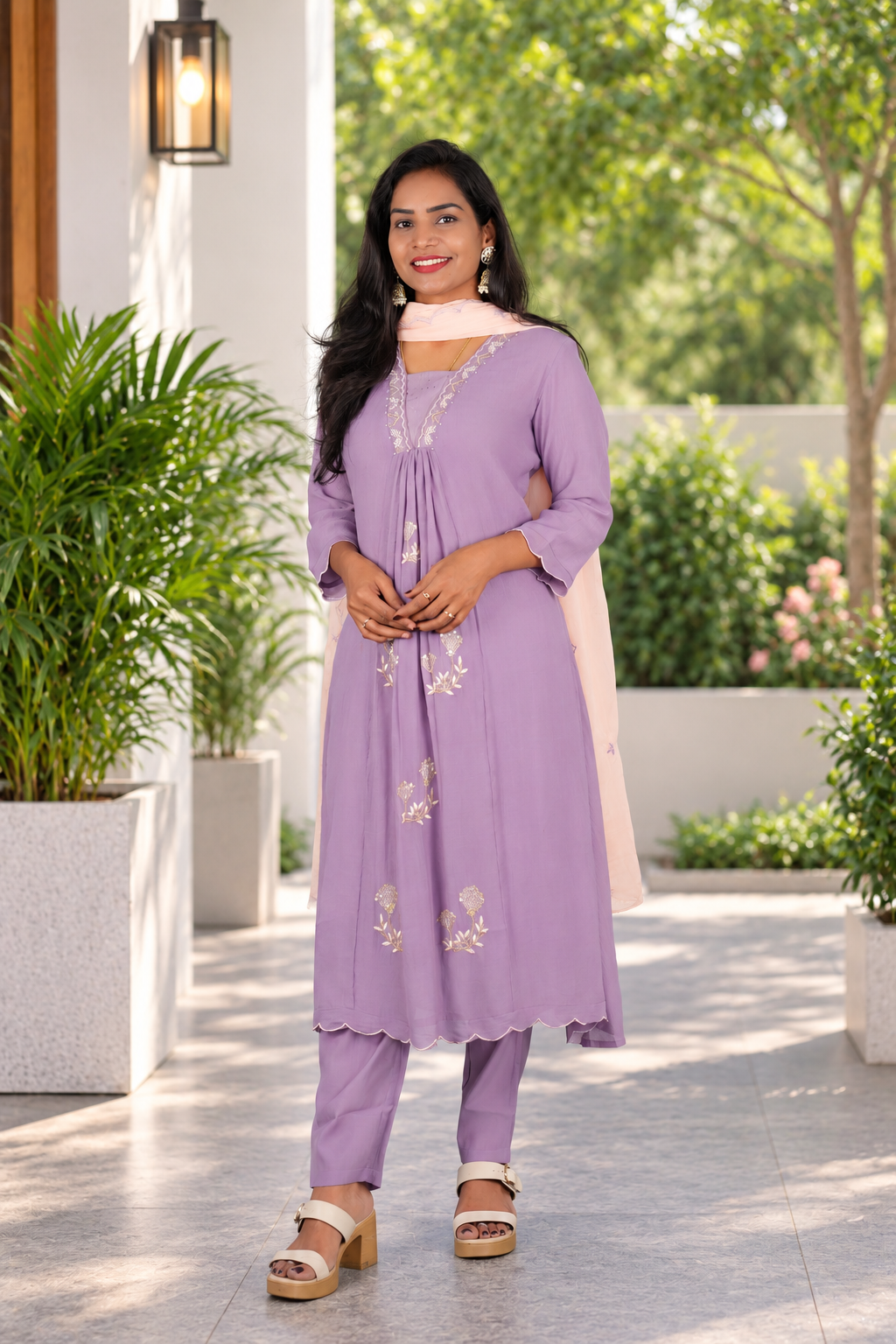Muted Lavender Crushed Mul Cotton Stylish 3 Piece Set With Lining and Contrast Dupatta
