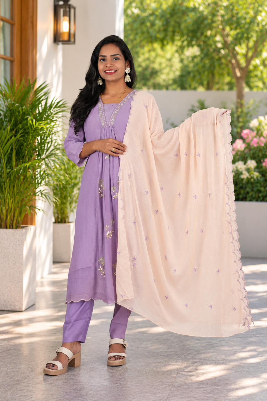 Muted Lavender Crushed Mul Cotton Stylish 3 Piece Set With Lining and Contrast Dupatta