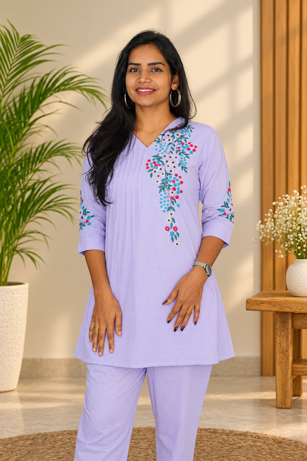 Lavender Floral Embroidered 2-Piece Kurta Set with Lining