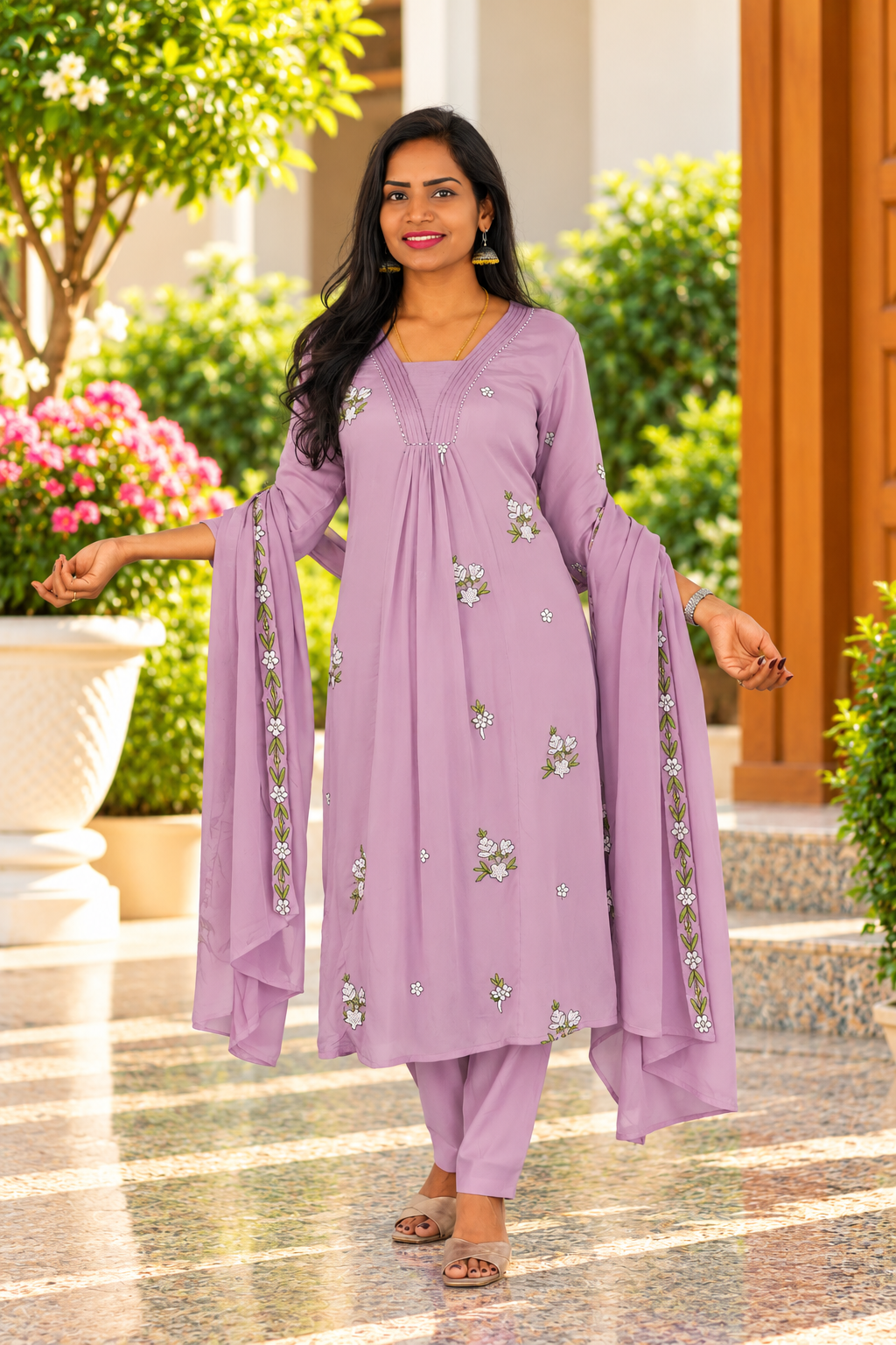 Dusty Lavender Chinon Designer 3-Piece Kurta Set with Lining