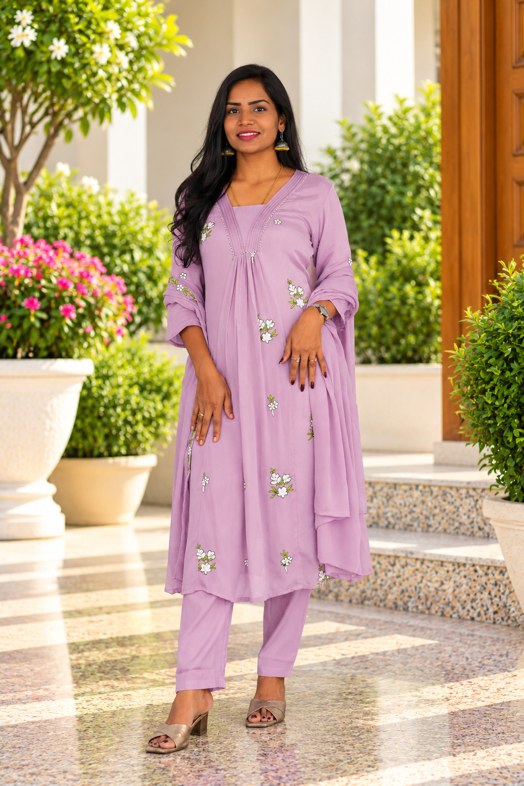 Dusty Lavender Chinon Designer 3-Piece Kurta Set with Lining