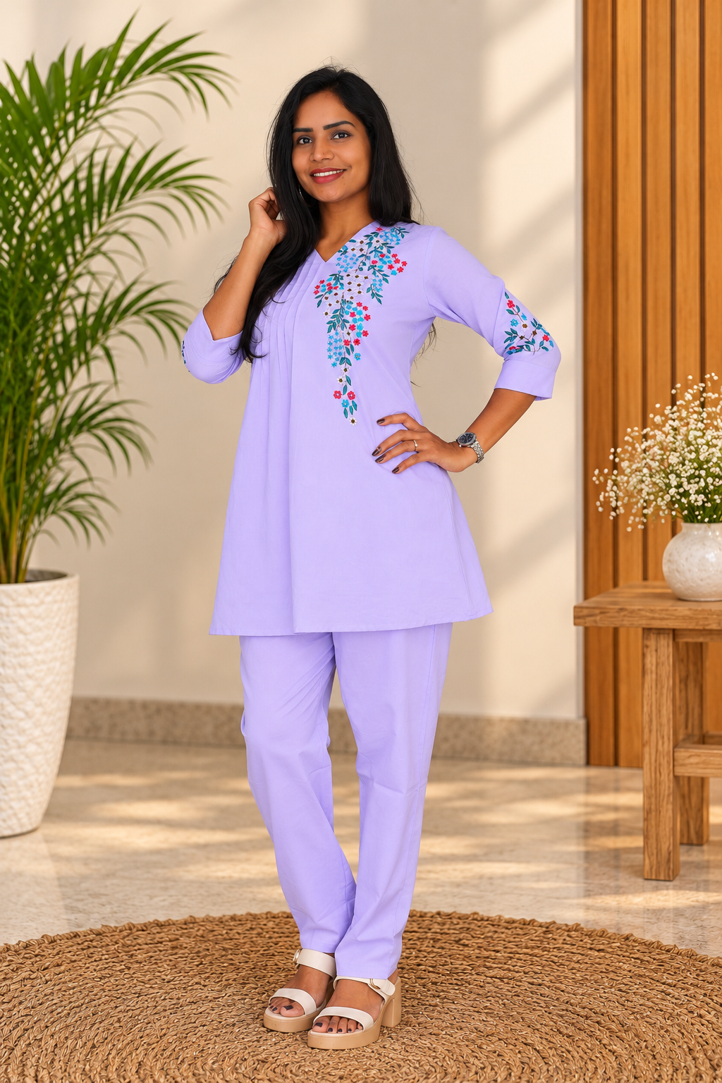 Lavender Floral Embroidered 2-Piece Kurta Set with Lining