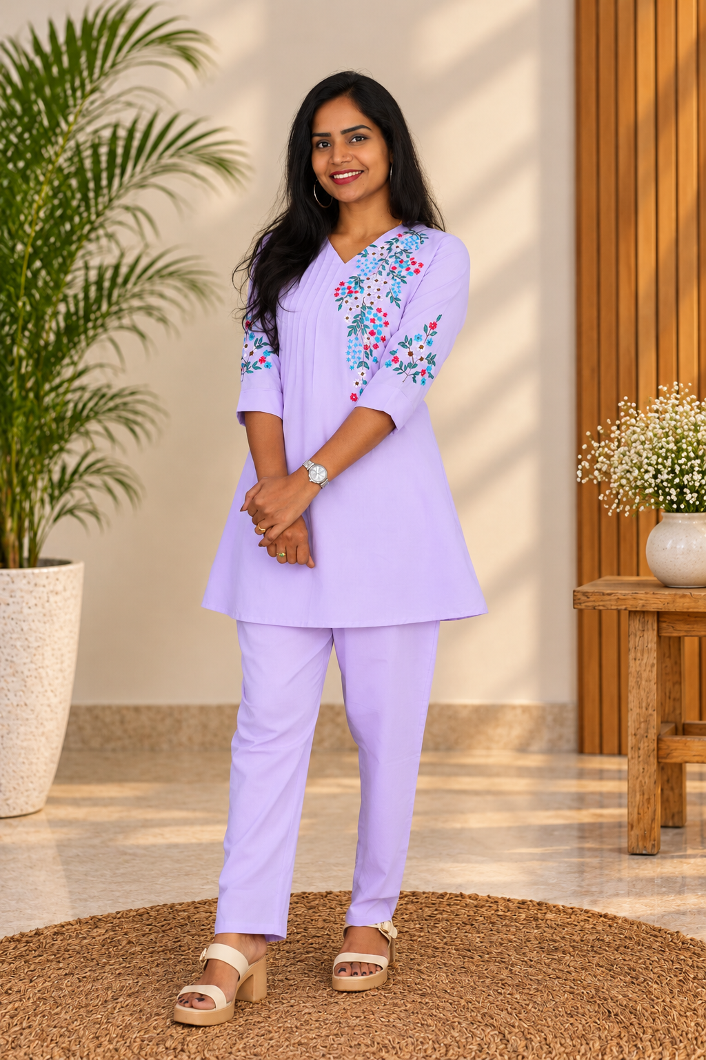 Lavender Floral Embroidered 2-Piece Kurta Set with Lining