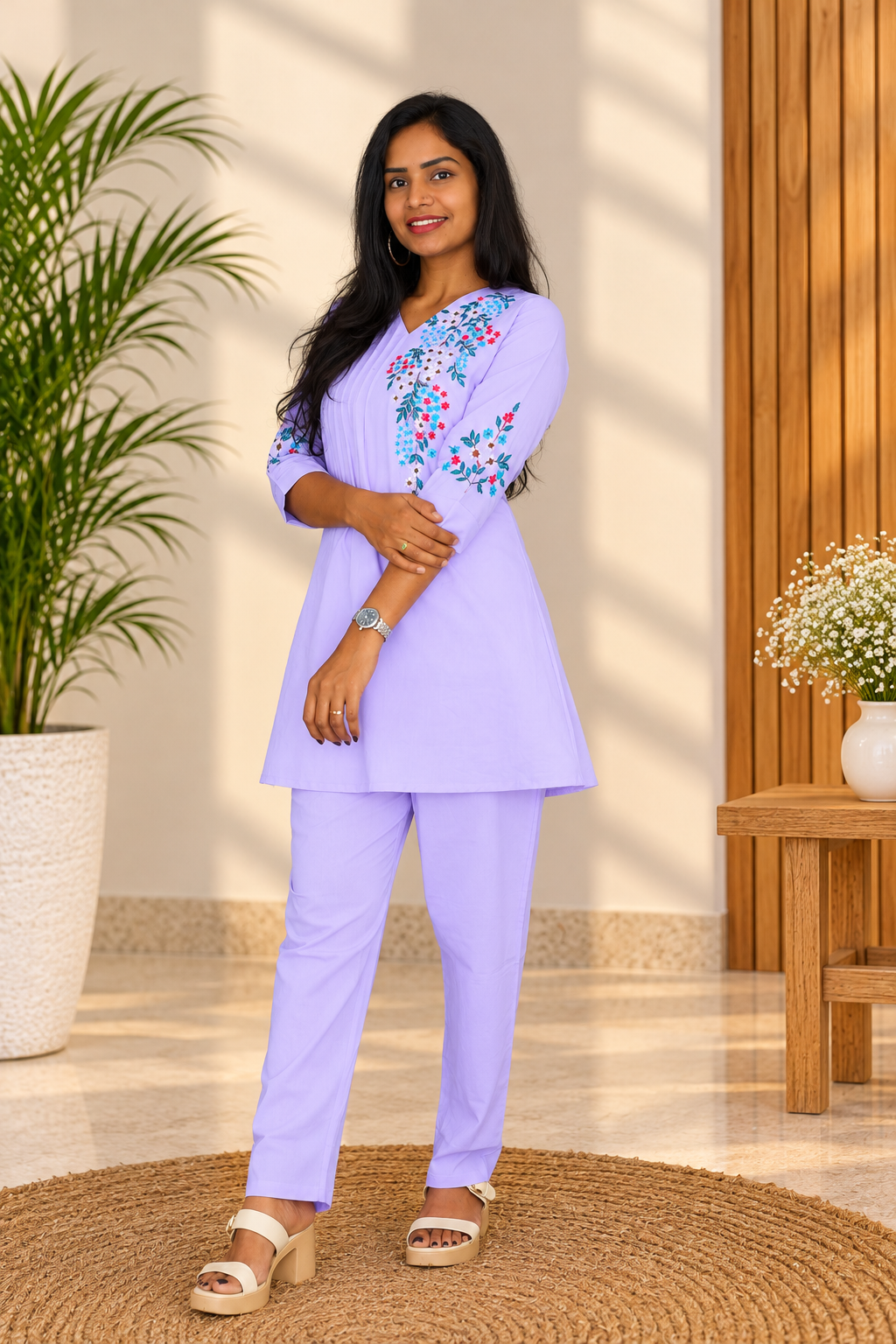 Lavender Floral Embroidered 2-Piece Kurta Set with Lining